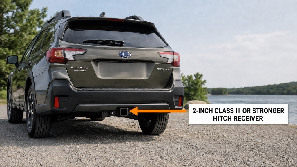 Subaru Outback with empty Class II receiver hitch ready to tow